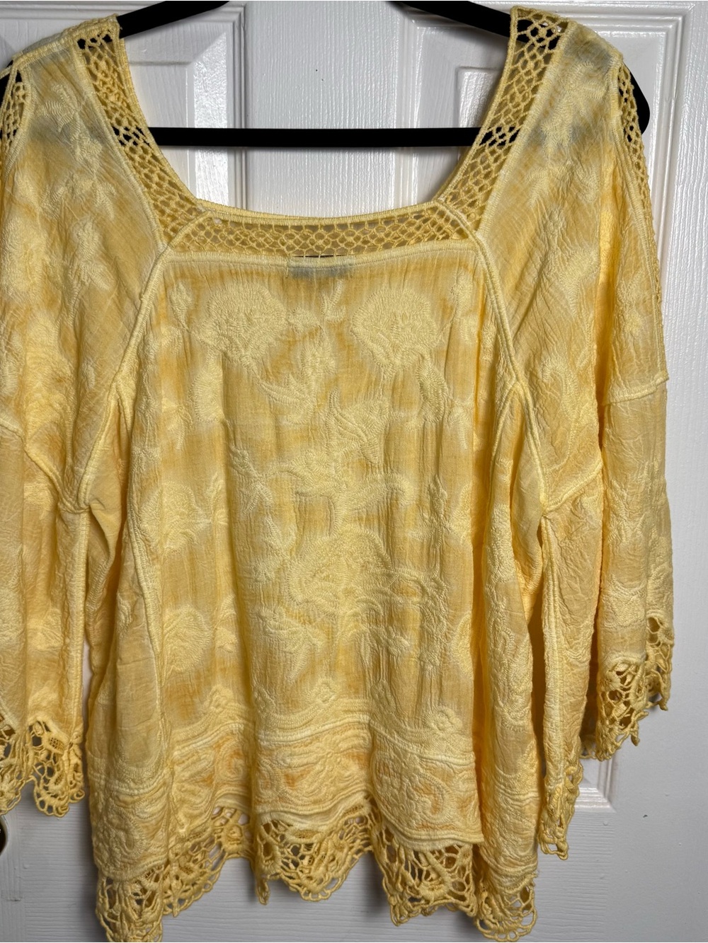 Democracy Yellow Crochet Lace Boho Blouse Top 100% Cotton Size S Cottagecore - Picture 6 of 11